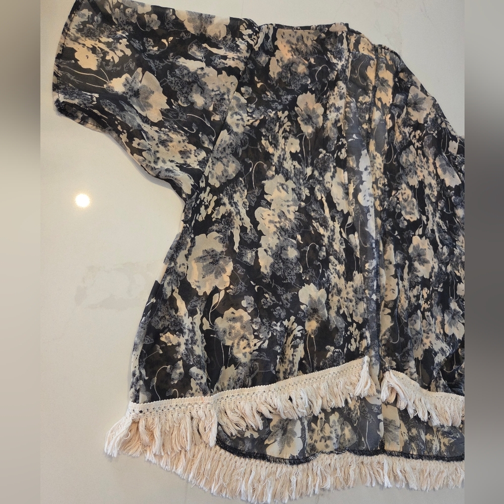 Semi Sheer Neutral Abstract Floral Fringe Kimono Throw Over Shawl
